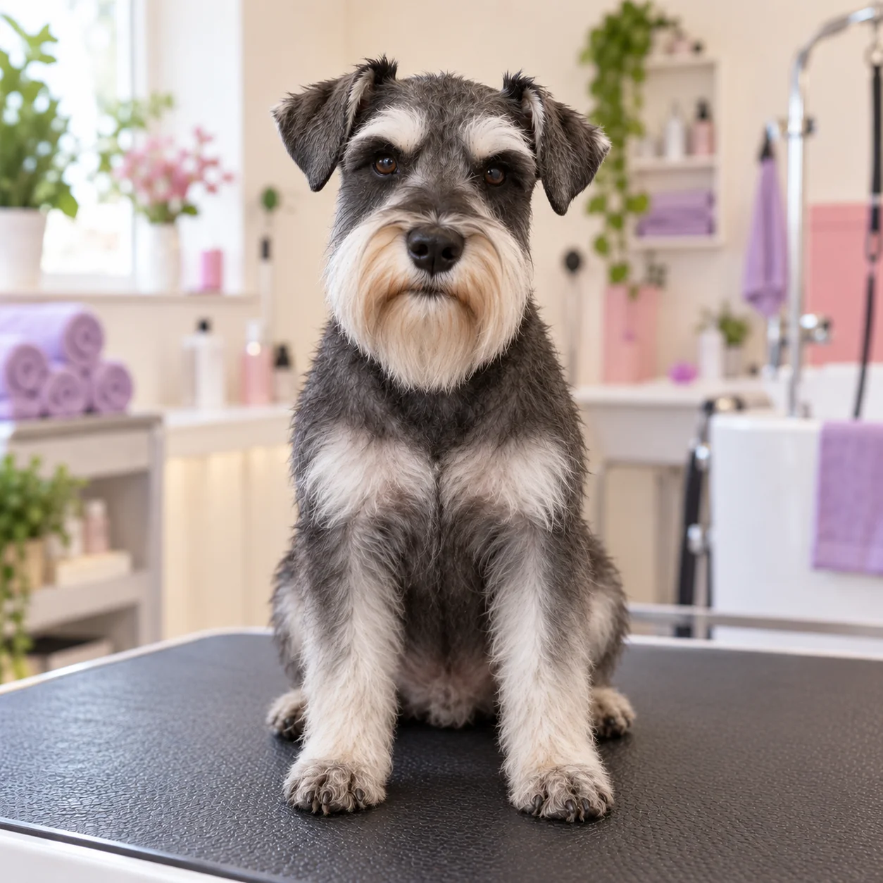The same salt-and-pepper miniature schnauzer, Barney, clean, dry and neatly groomed in the same studio pose