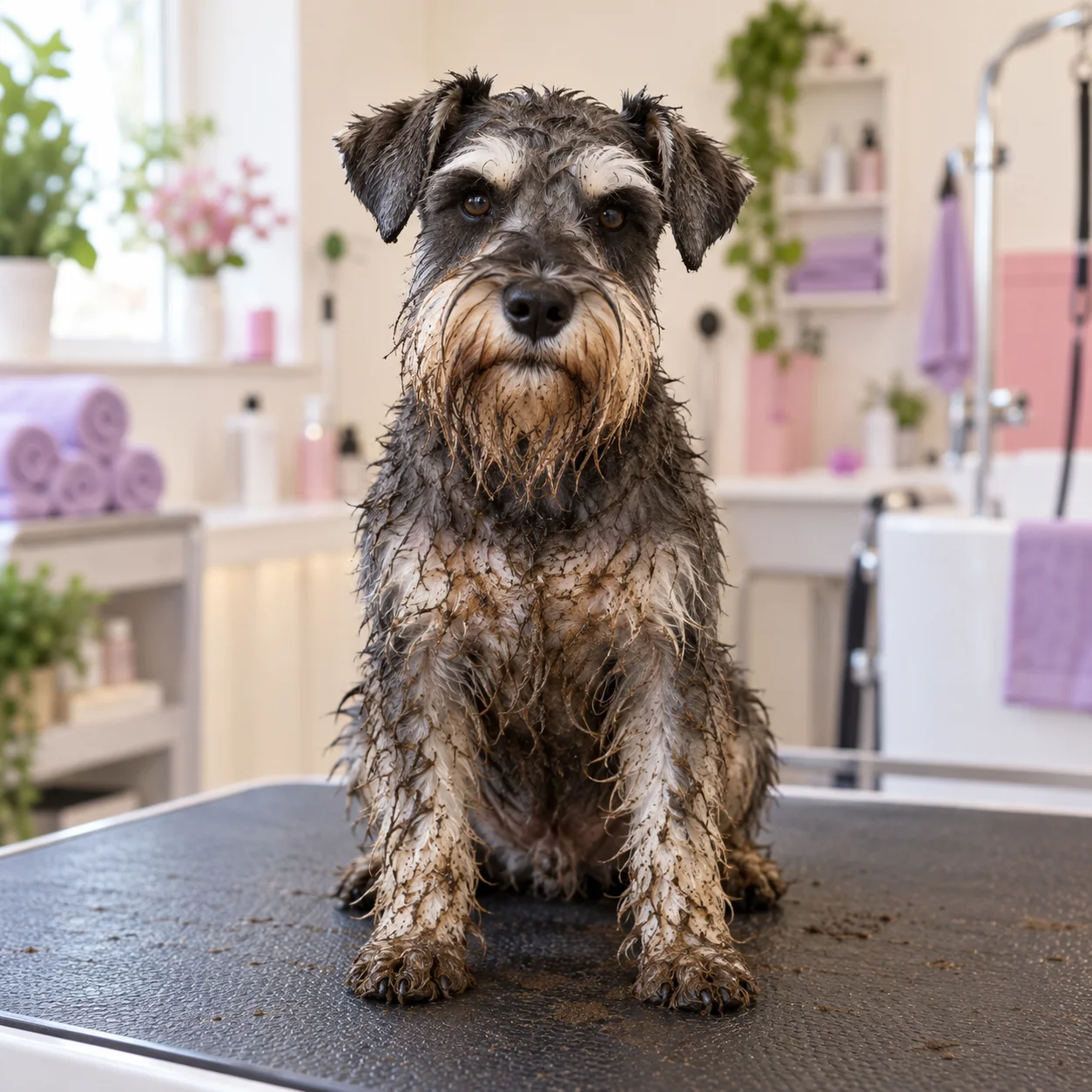 Barney the salt-and-pepper miniature schnauzer, wet and muddy before grooming, sitting on a studio grooming table
