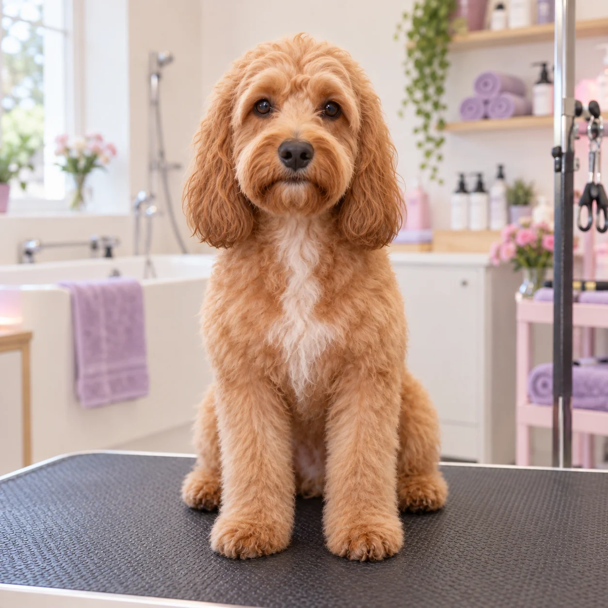 The same apricot cockapoo, Biscuit, clean, dry and neatly groomed in the same studio pose
