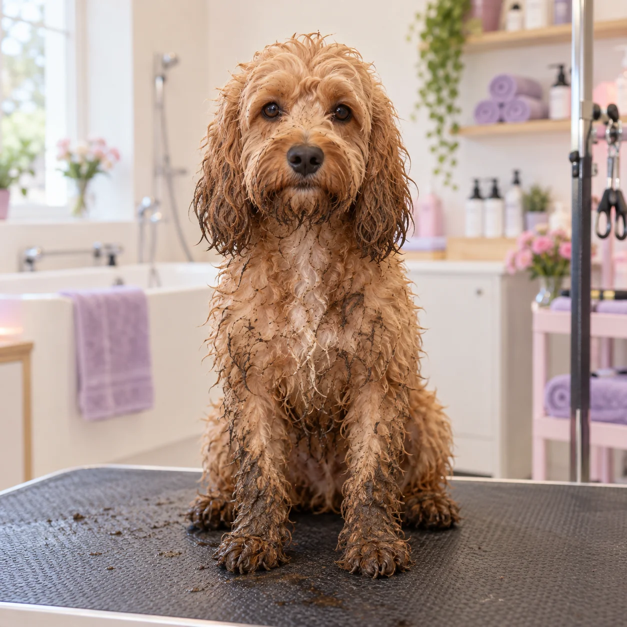 Biscuit the apricot cockapoo, wet and muddy before grooming, sitting on a studio grooming table