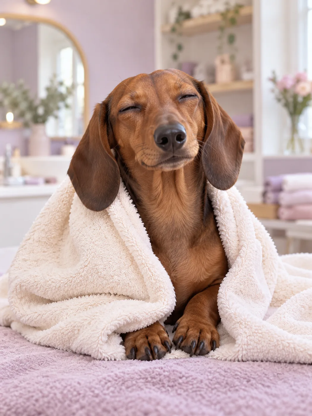 sleepy dachshund wrapped in a towel