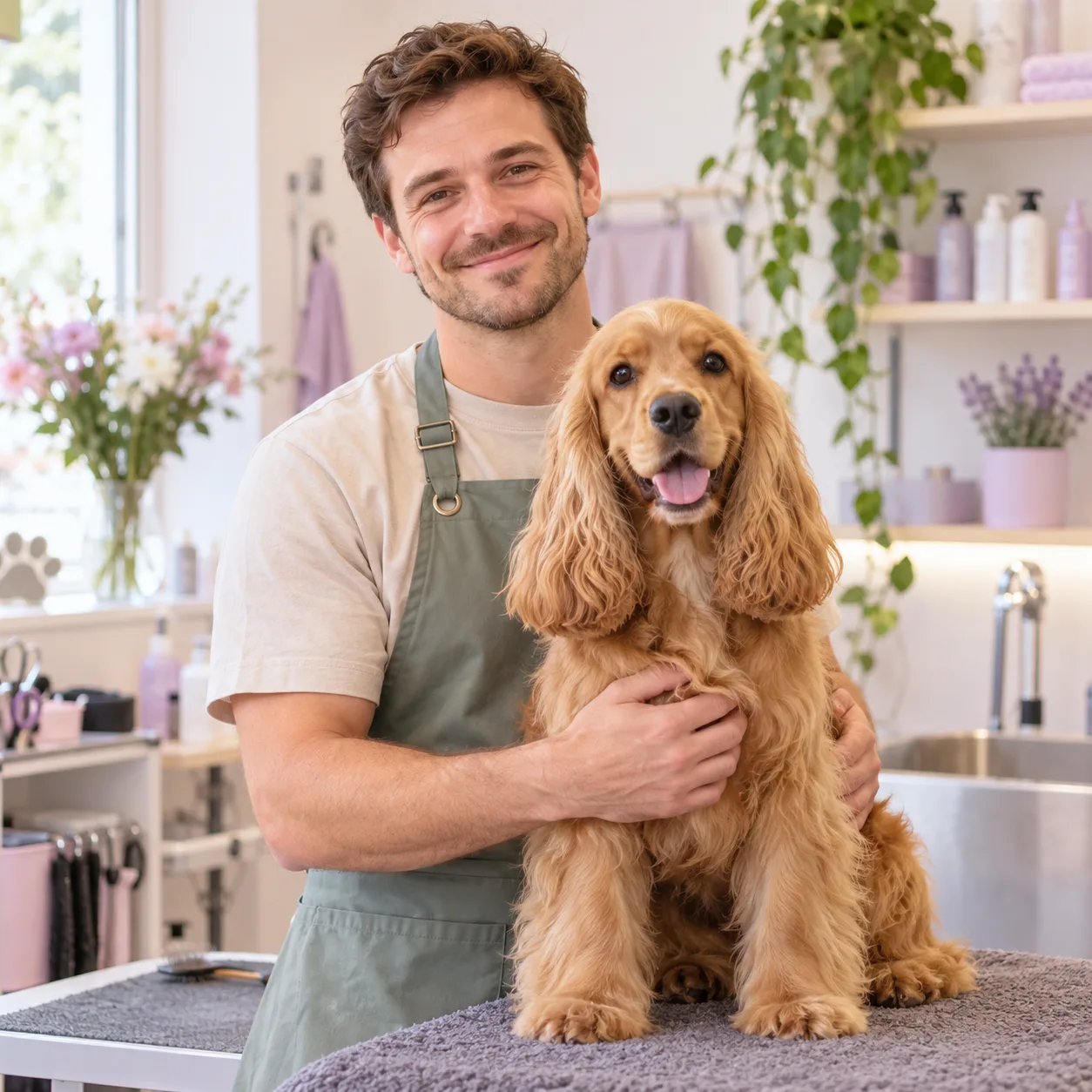 Dan holding a freshly groomed spaniel