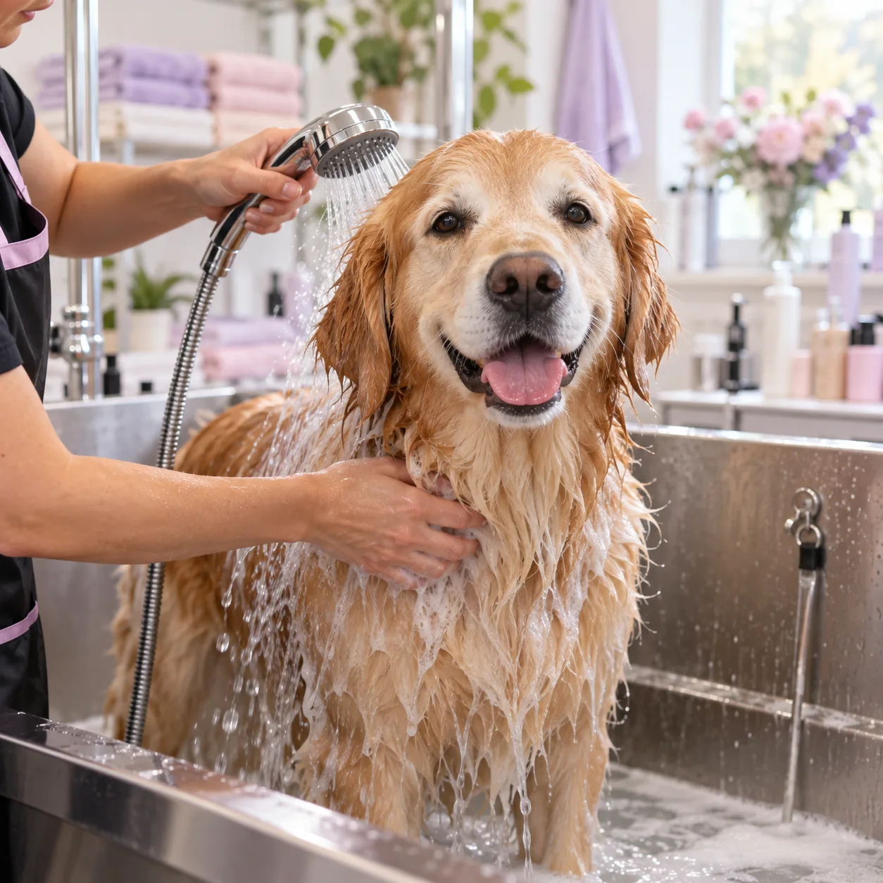 dog being rinsed in the grooming bath