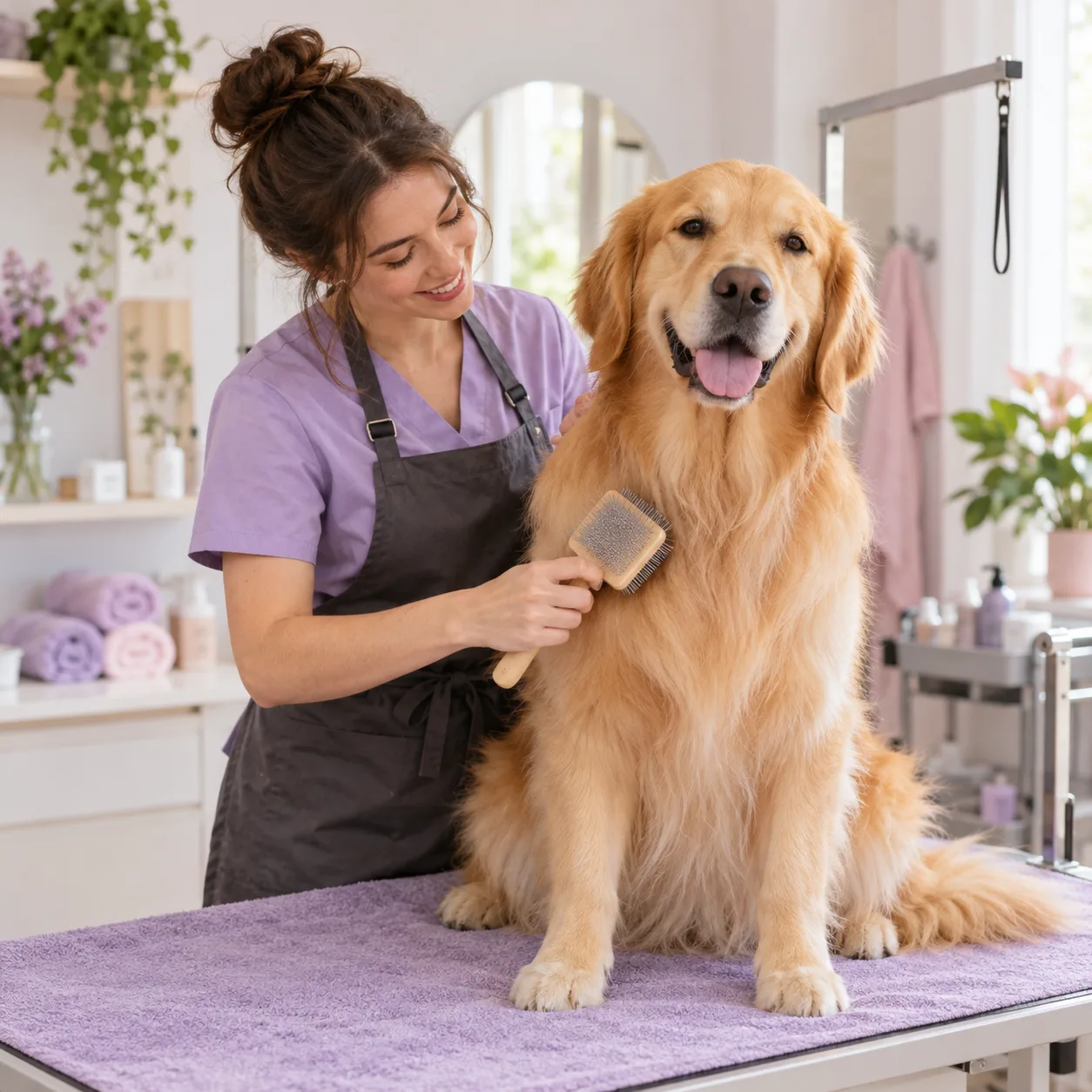 groomer brushing a smiling golden retriever