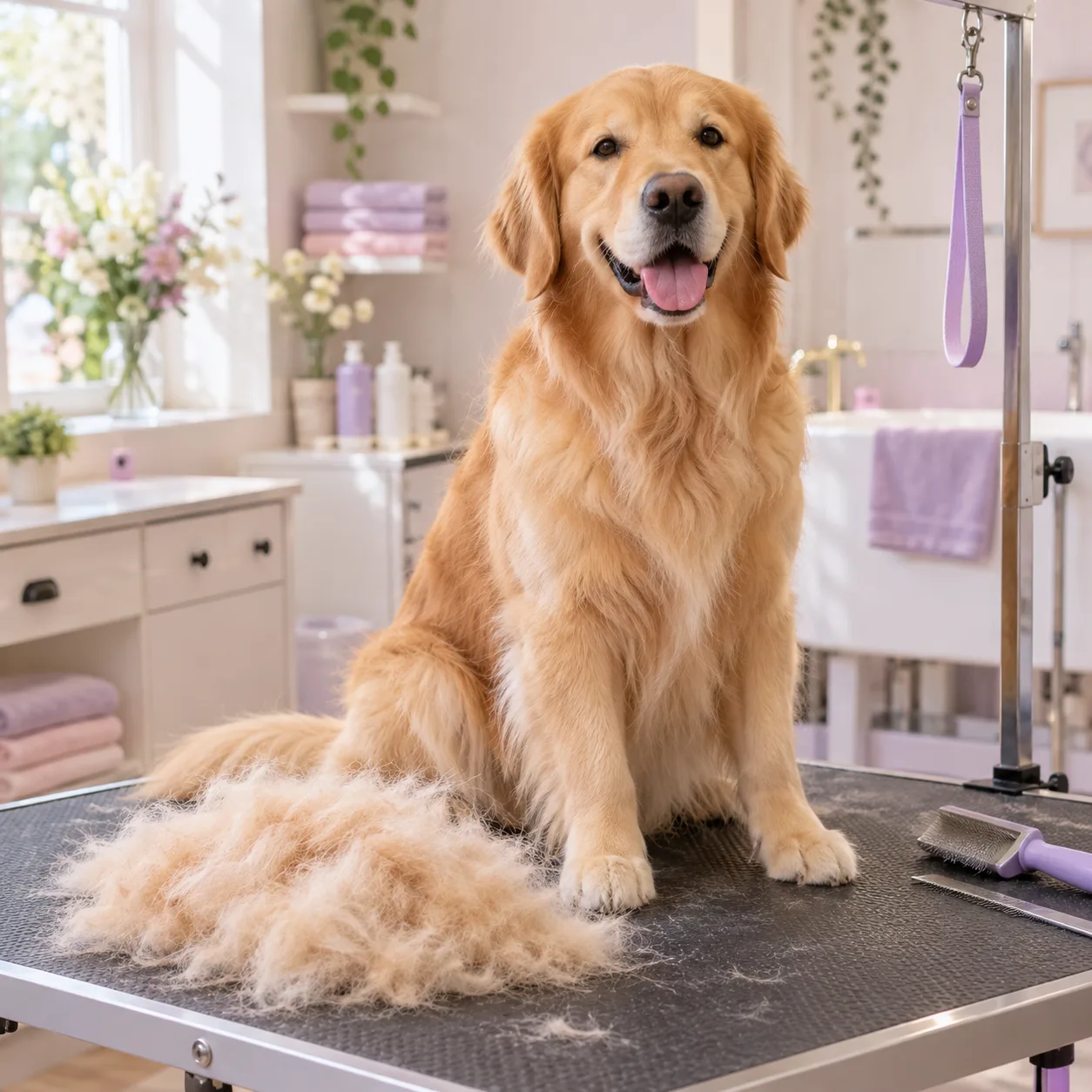 pile of brushed out undercoat beside a golden retriever