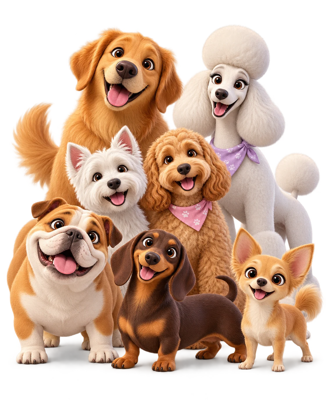Seven playful 3D dogs grouped together: a dachshund, bulldog, Chihuahua, West Highland terrier, poodle, golden retriever and cockapoo