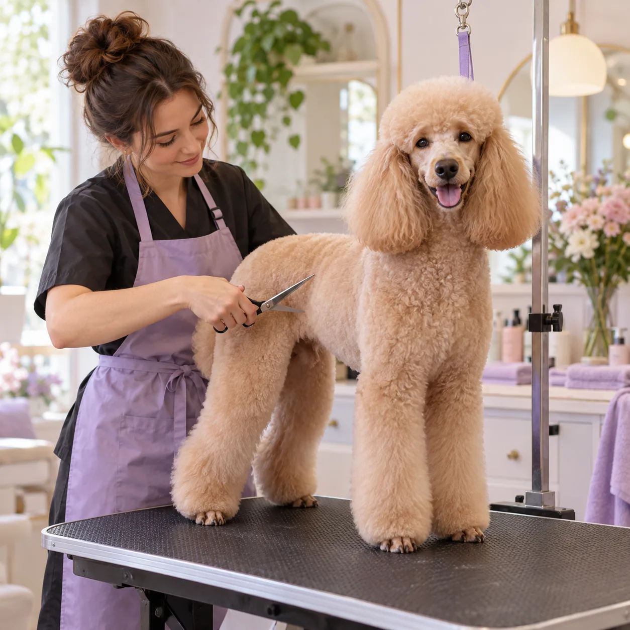 groomer scissoring a poodle on the grooming table