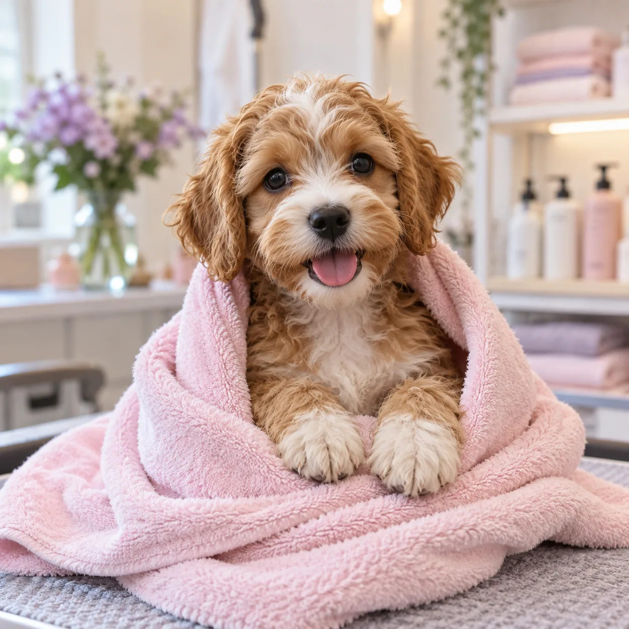 puppy wrapped in a towel