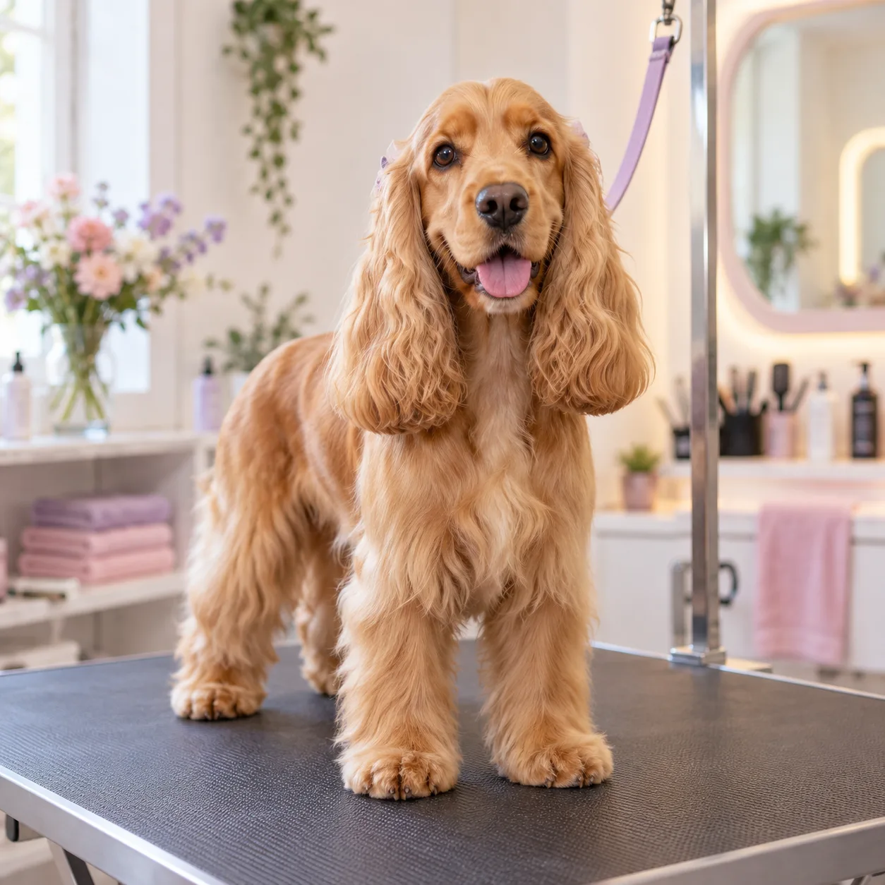 freshly groomed spaniel on grooming table