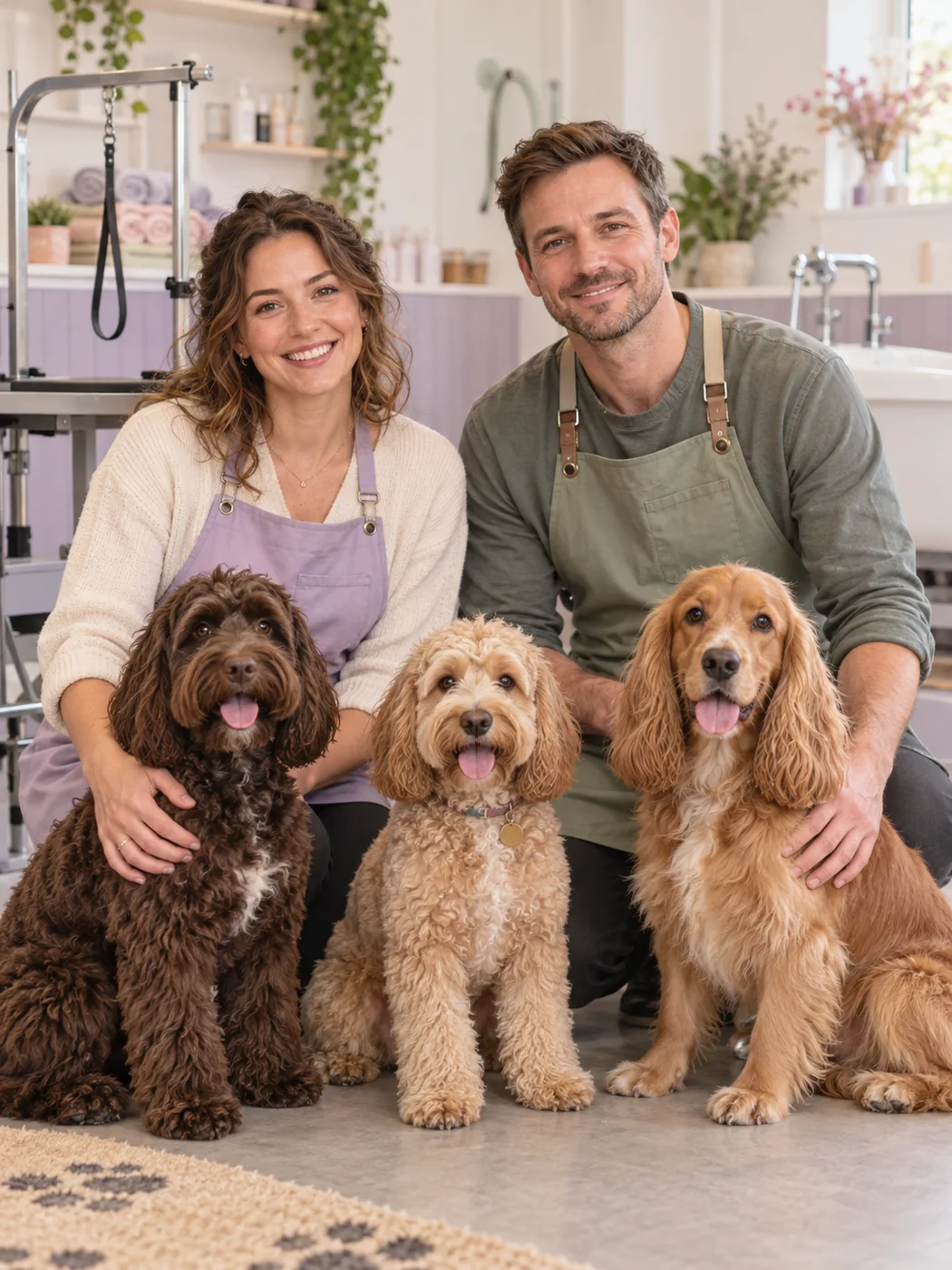 the groomers with their own dogs at the studio