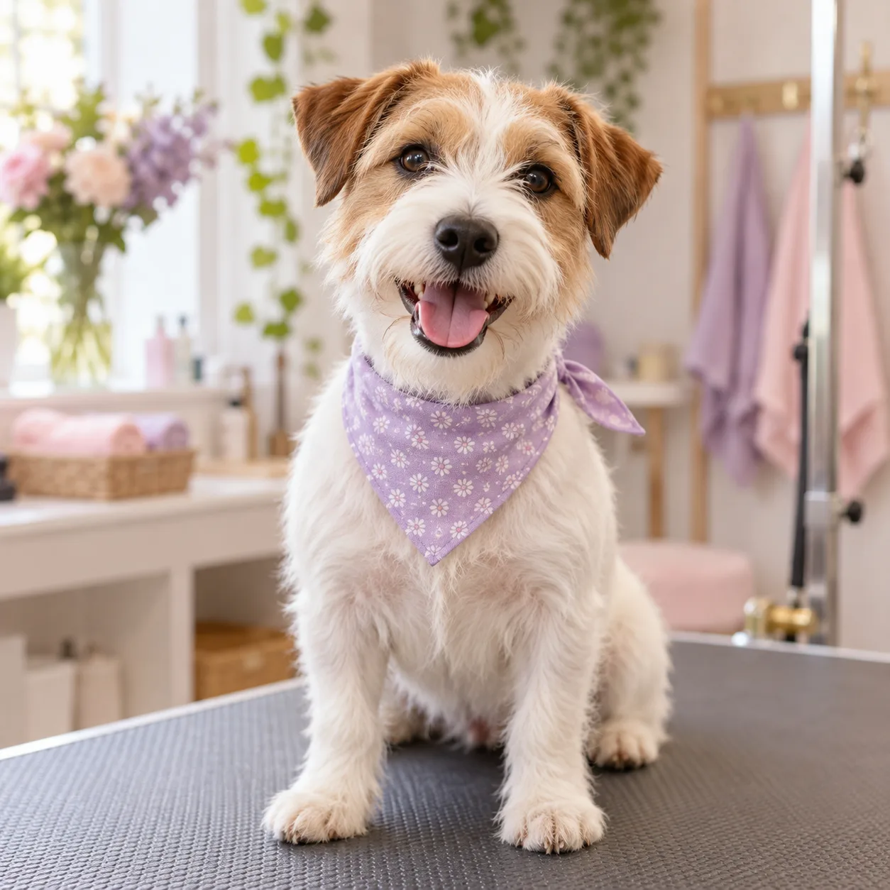 smiling terrier in a bandana