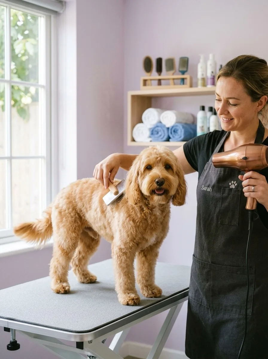 A smiling groomer brushing and blow-drying a fluffy golden cockapoo on a grooming table in a bright studio