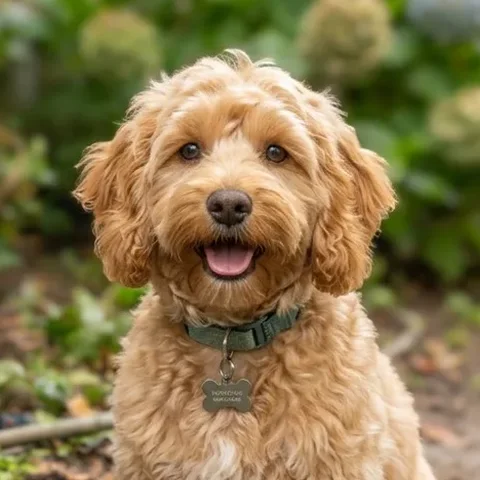 Biscuit the cockapoo, a fluffy golden dog with a happy open mouth